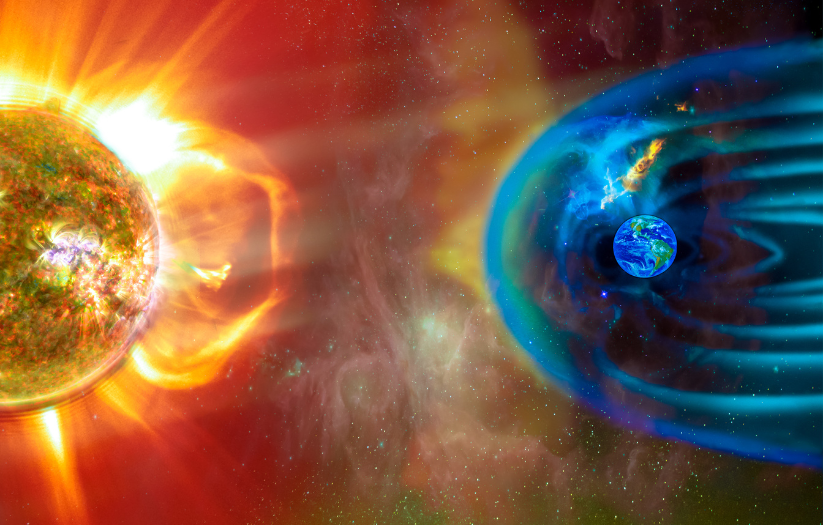 GRAFICA_Vento solare I venti solari "sparati" verso la Terra vengono deviati dalla magnetosfera verso la ionosfera dove si scontreranno con i gas generando quanti di luce di vario colore.