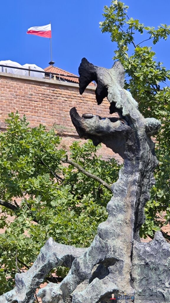 Polonia_Cracovia04 - Wawel 51 La bandiera della Polonia sventola sopra la statua del drago.